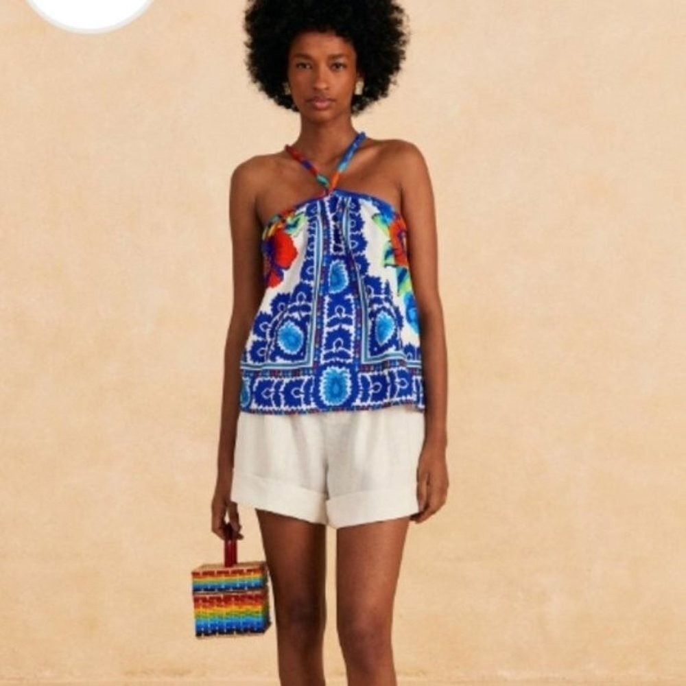 Farm Rio Tapestry Blue Red Mixed Floral Tile Print Halter Top Open Back | M - Picture 2 of 11